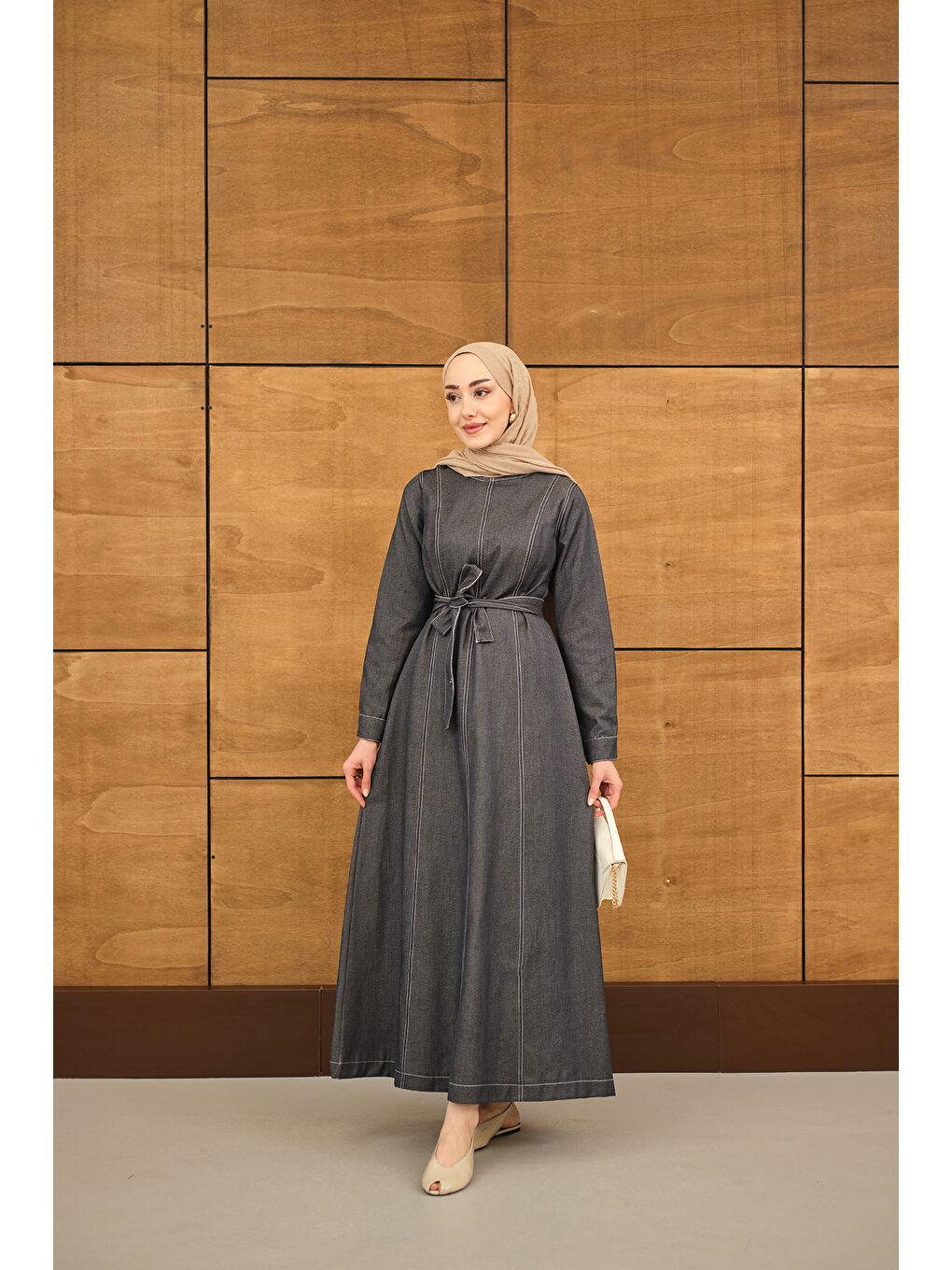 Kadın Dikiş Detay Bel Bağlamalı İnce Jean Elbise Antrasit-3