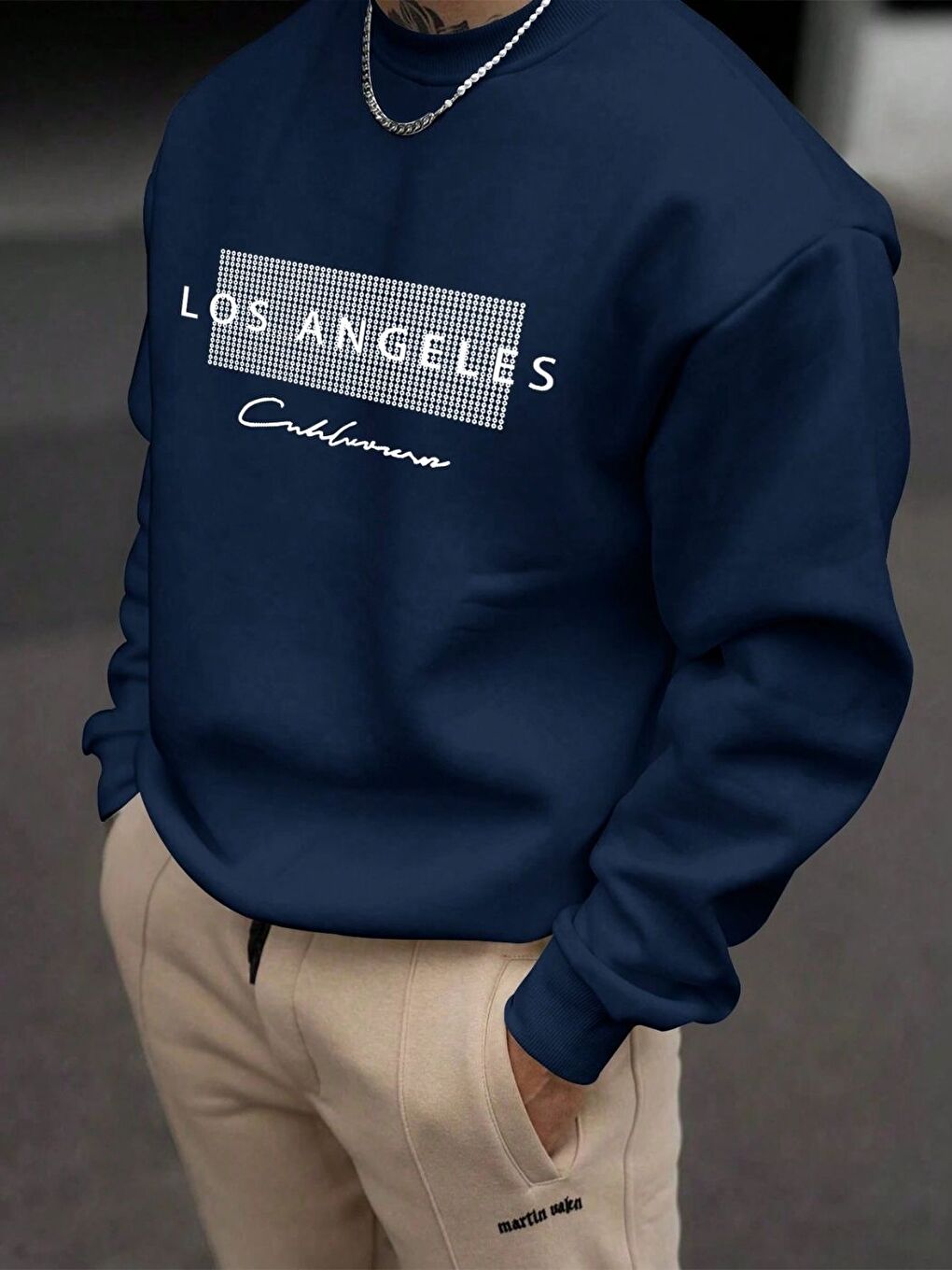 Lacivert Erkek Laci Node LosAngeles Baskılı Oversize Uzun Kollu Sweatshirt
