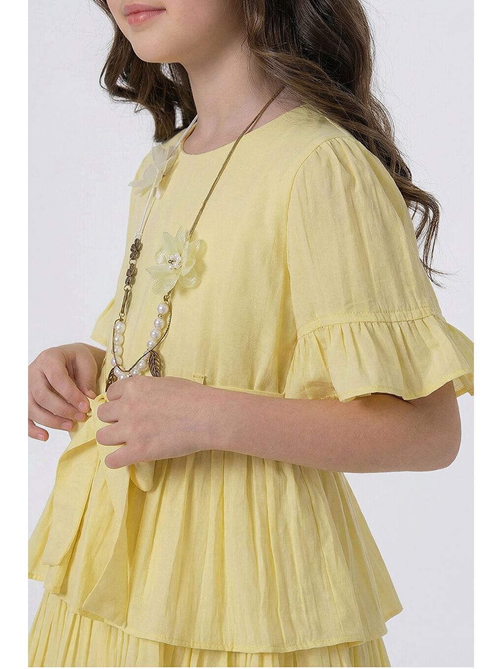 Sarı Kız Çocuk  Eteği Katlı Kısa Kollu Kolyeli Elbise-1