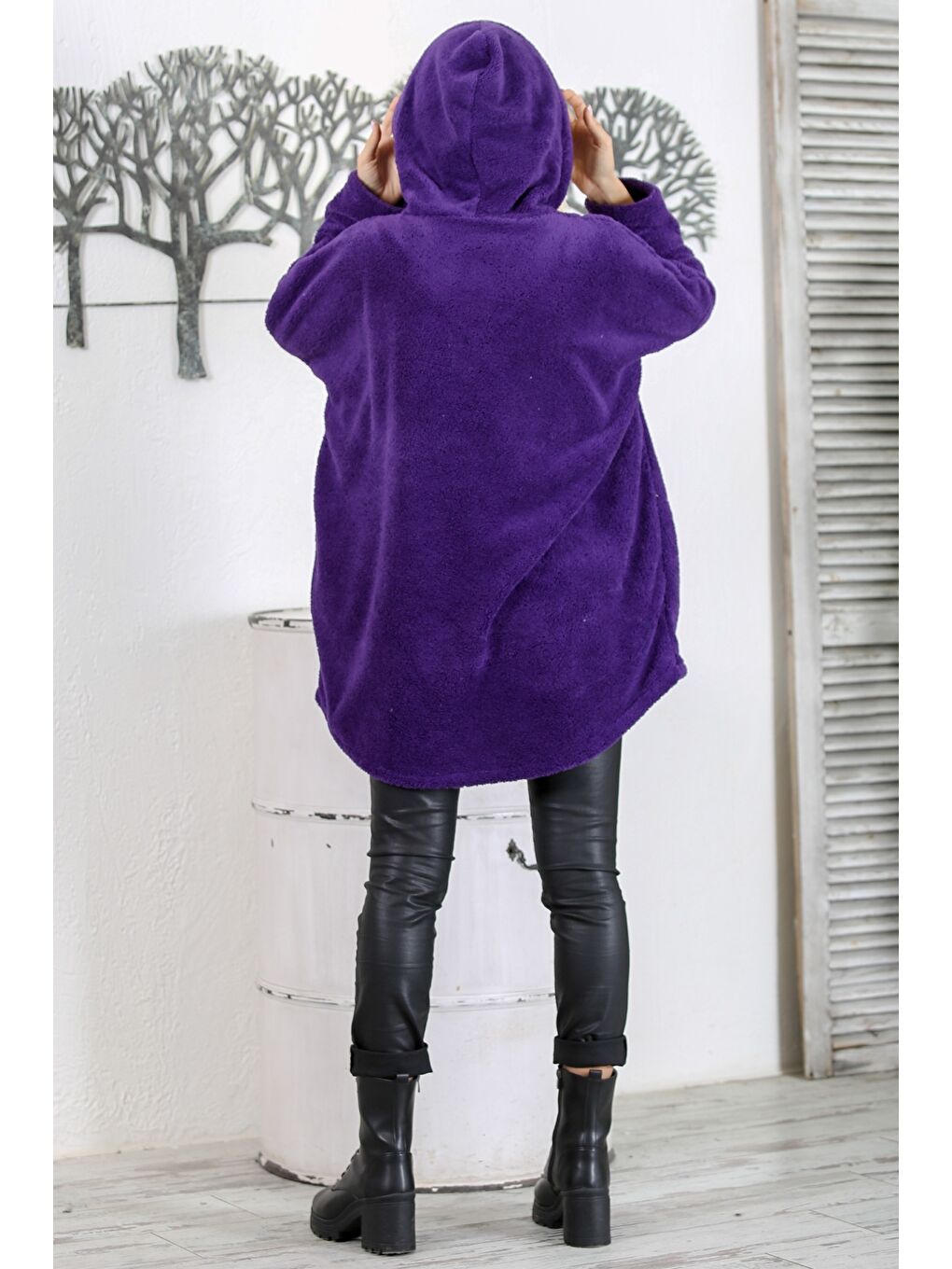 Mor Uzun Kol Fermuarlı Çift Cepli Kapüşonlu Teddy Dokuma Oversize Pelüş Ceket-6