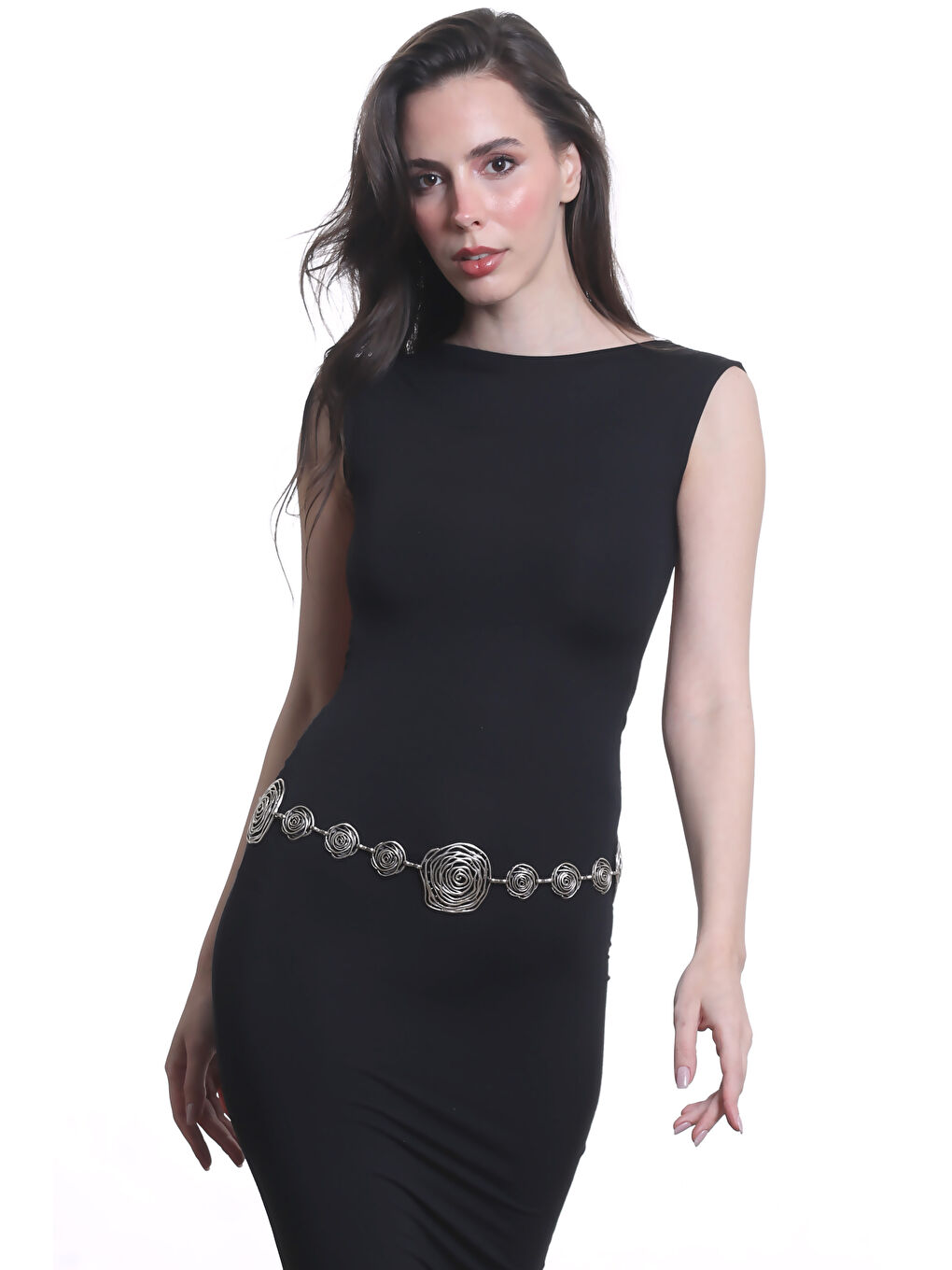 Gri Kadın Antik Gümüş Kaplama Gül Formlu Bel Kemeri, Bel Kolyesi-6