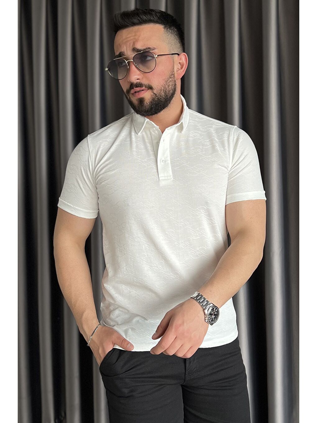 Ekru Polo Yaka Yarım Düğmeli Erkek Tişört-1