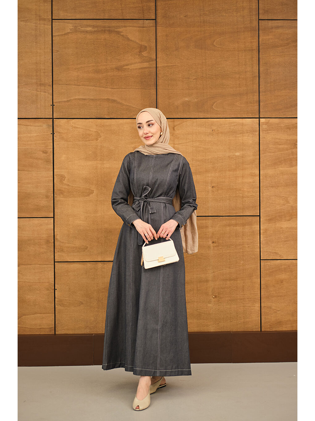 Kadın Dikiş Detay Bel Bağlamalı İnce Jean Elbise Antrasit-4