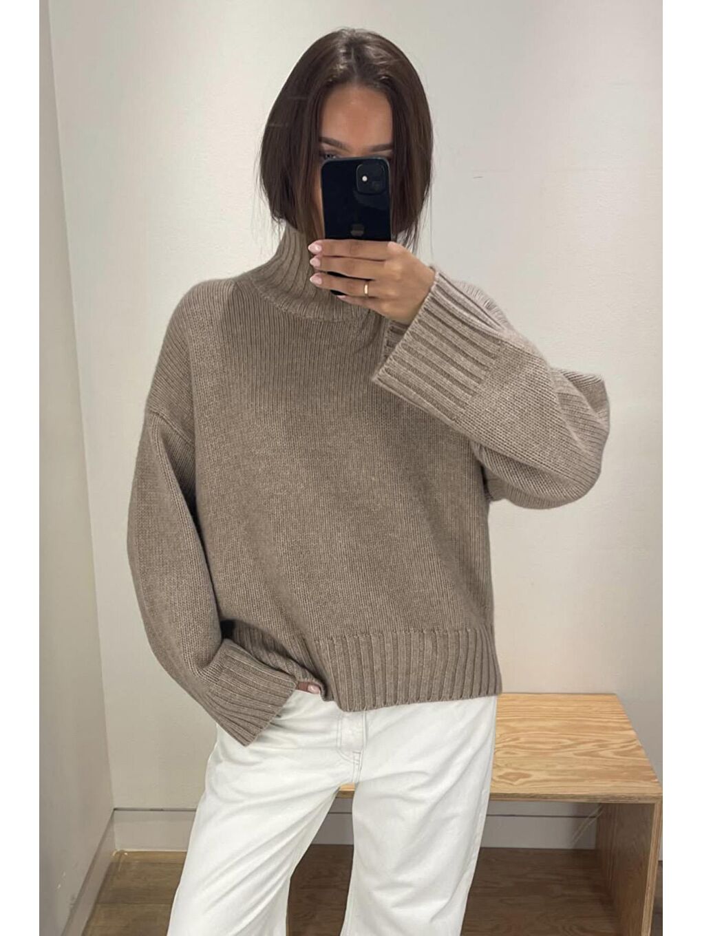 Bej Vizon Boğazlı Kadın Triko Kazak Mg2535-1