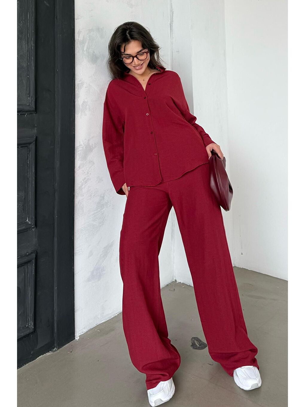 Kırmızı Keten Kadın Gömlek Pantolon İkili Takım Mg2356