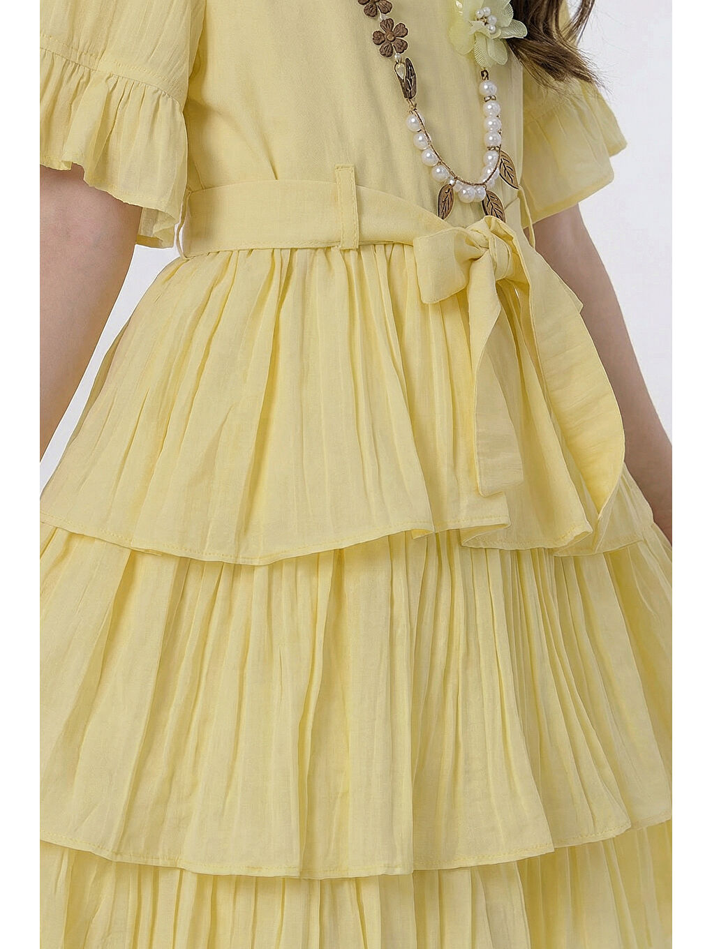 Sarı Kız Çocuk  Eteği Katlı Kısa Kollu Kolyeli Elbise-4