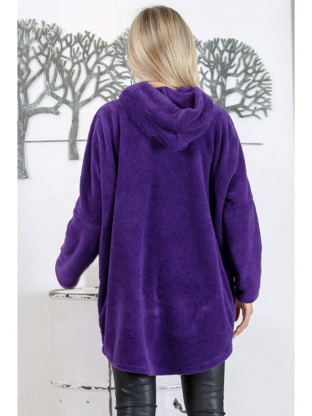 Mor Uzun Kol Fermuarlı Çift Cepli Kapüşonlu Teddy Dokuma Oversize Pelüş Ceket-7