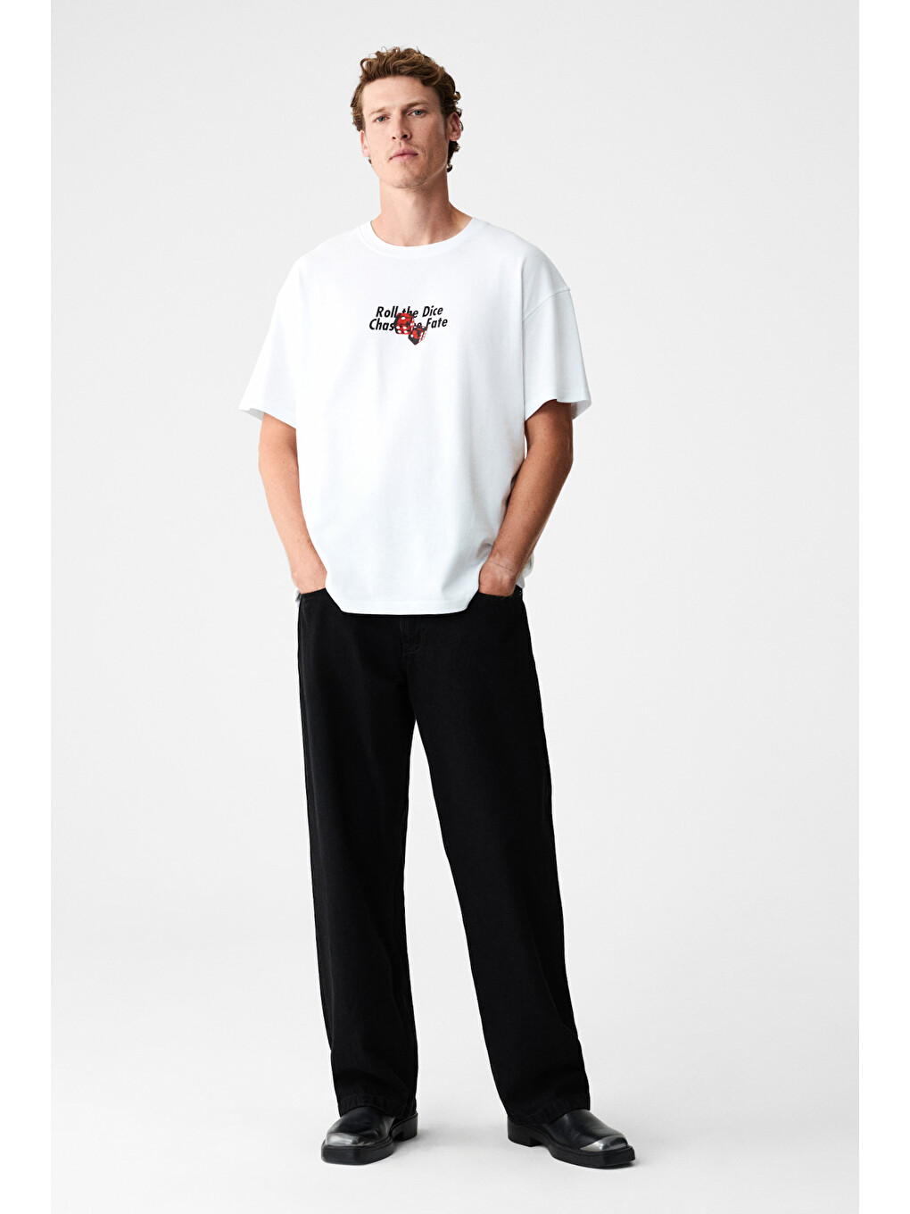 Dados Erkek Göğüs Ve Sırt Baskılı %100 Organik Pamuklu Bisiklet Yakalı Beyaz T-shirt-4