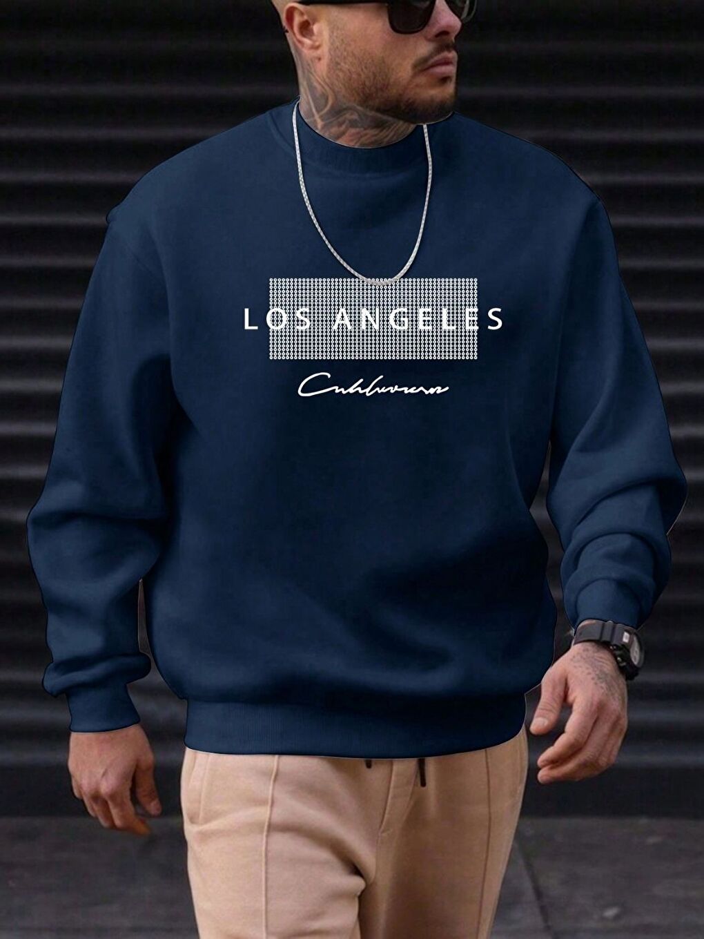 Lacivert Erkek Laci Node LosAngeles Baskılı Oversize Uzun Kollu Sweatshirt-1