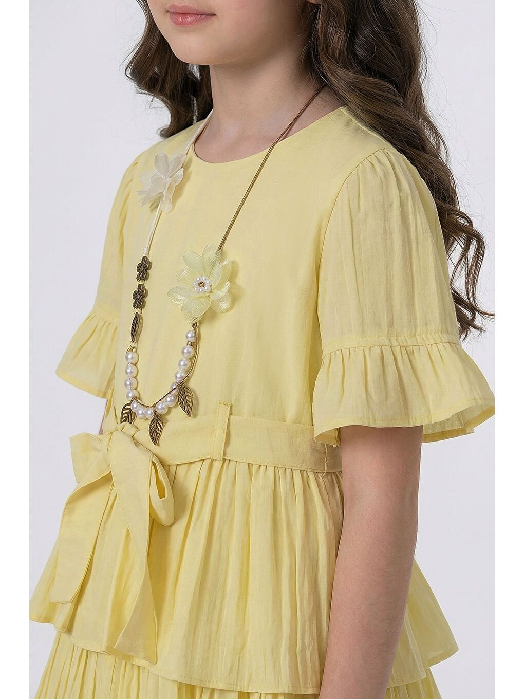 Sarı Kız Çocuk  Eteği Katlı Kısa Kollu Kolyeli Elbise-5