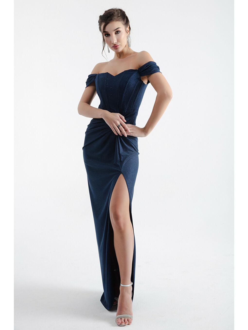 Kadın Lacivert Kruvaze Astarlı Korse Detaylı Uzun Simli Abiye-1