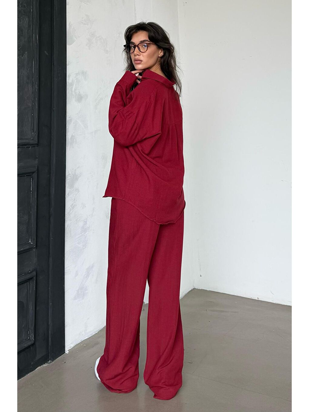 Kırmızı Keten Kadın Gömlek Pantolon İkili Takım Mg2356-1