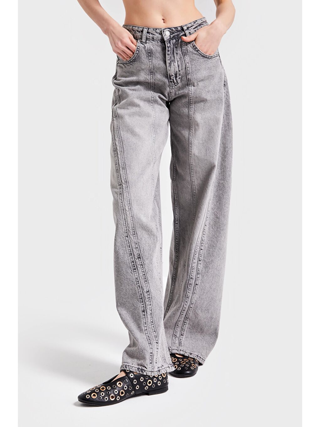 Kadın Gri Renk 4S5-92 Şerit Detaylı Straight Fit %100 Pamuk Denim