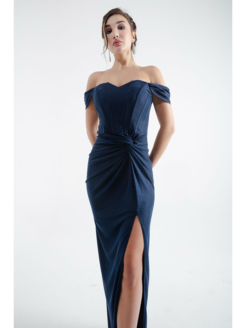 Kadın Lacivert Kruvaze Astarlı Korse Detaylı Uzun Simli Abiye-3