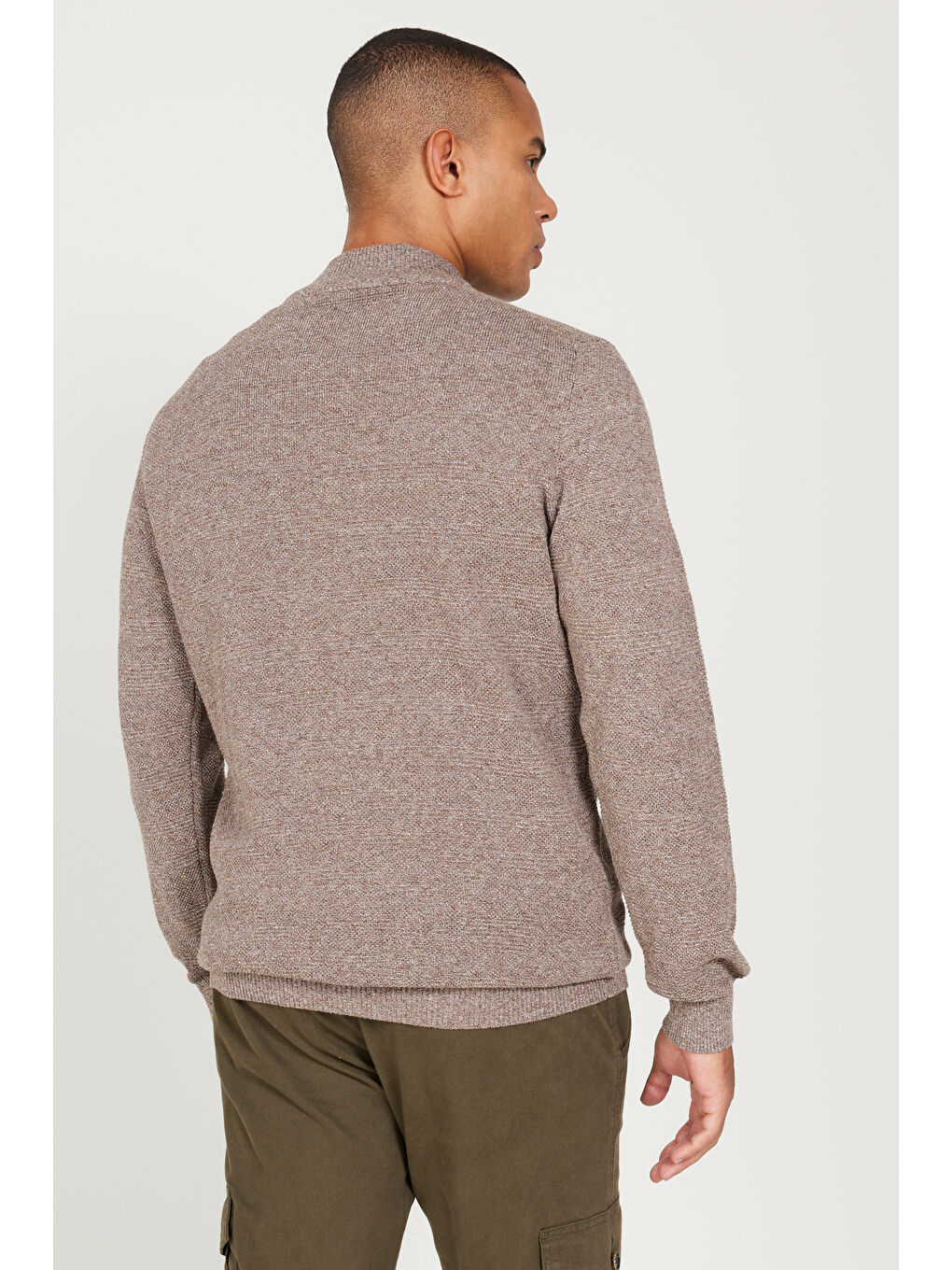 Kahverengi Erkek Kahve-Ekru Recycle Standart Fit Normal Kesim Yarım Balıkçı Yaka Pamuklu Jakarlı Triko Kazak-3