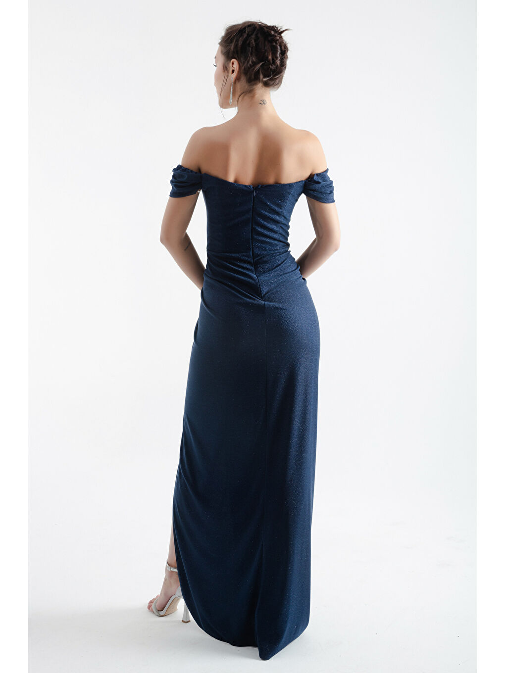 Kadın Lacivert Kruvaze Astarlı Korse Detaylı Uzun Simli Abiye-4