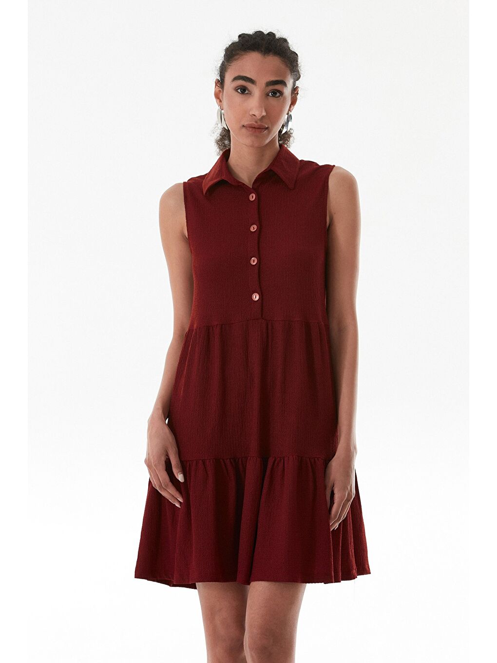 Bordo Bürümcük Kumaş Polo Yaka Yarım Düğmeli Elbise