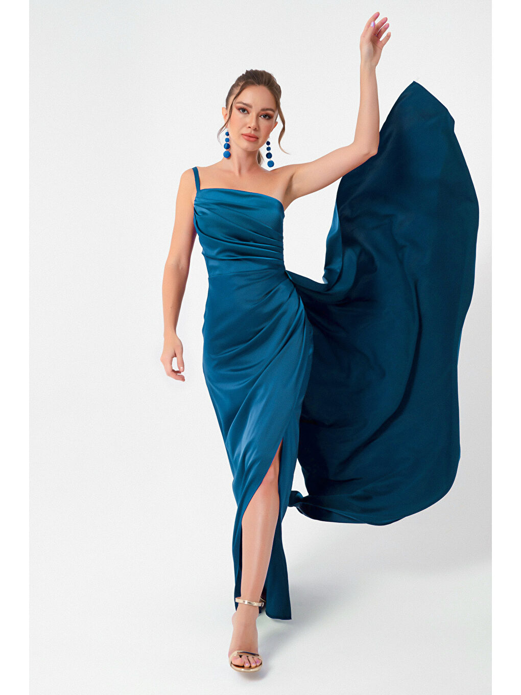 Kadın Petrol Tek Omuzlu Saten Abiye & Mezuniyet Elbisesi-2