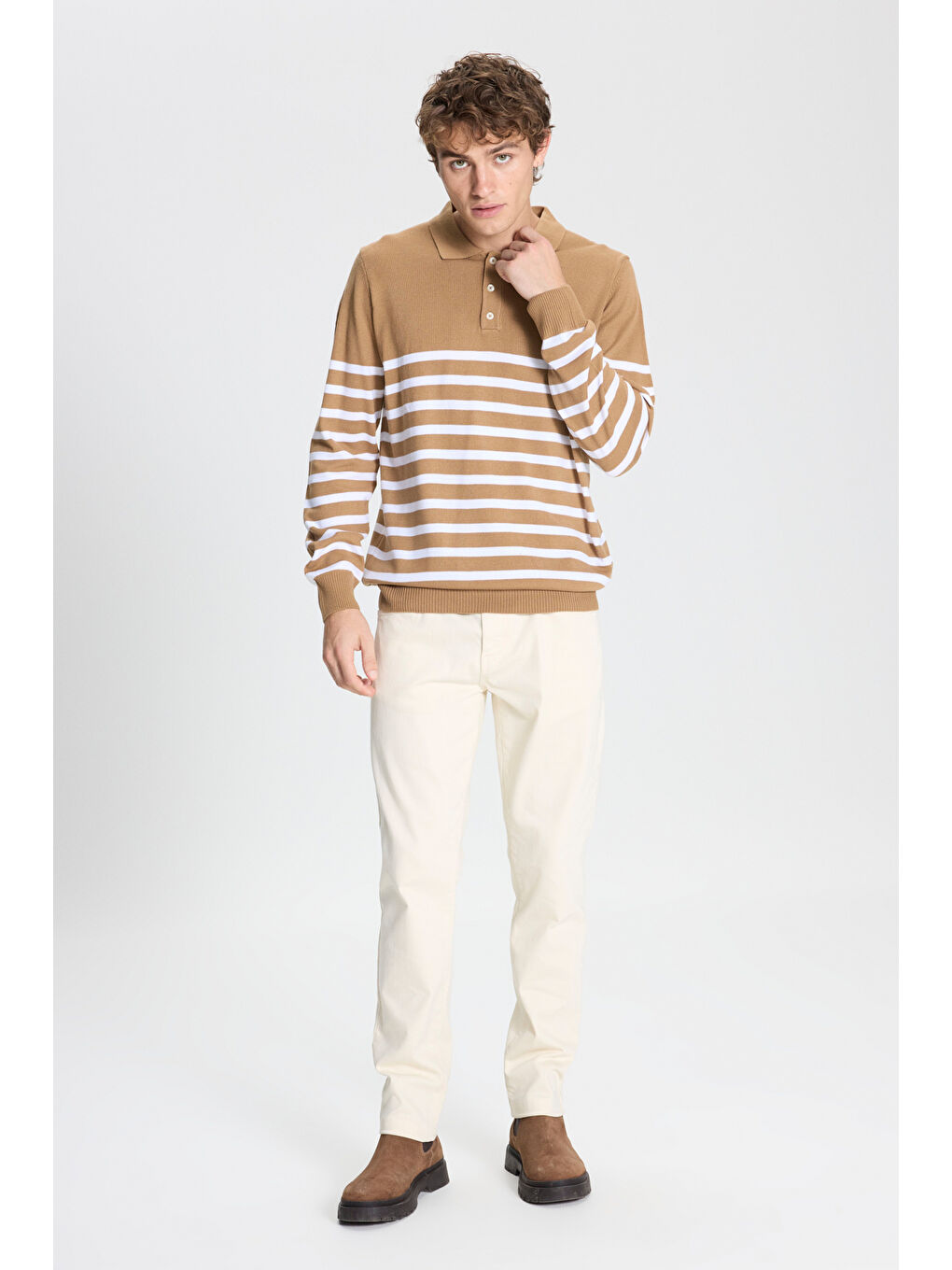 Bej Erkek VIZON-EKRU Standart Fit Normal Kesim Polo Yaka Çizgili Triko Kazak-1