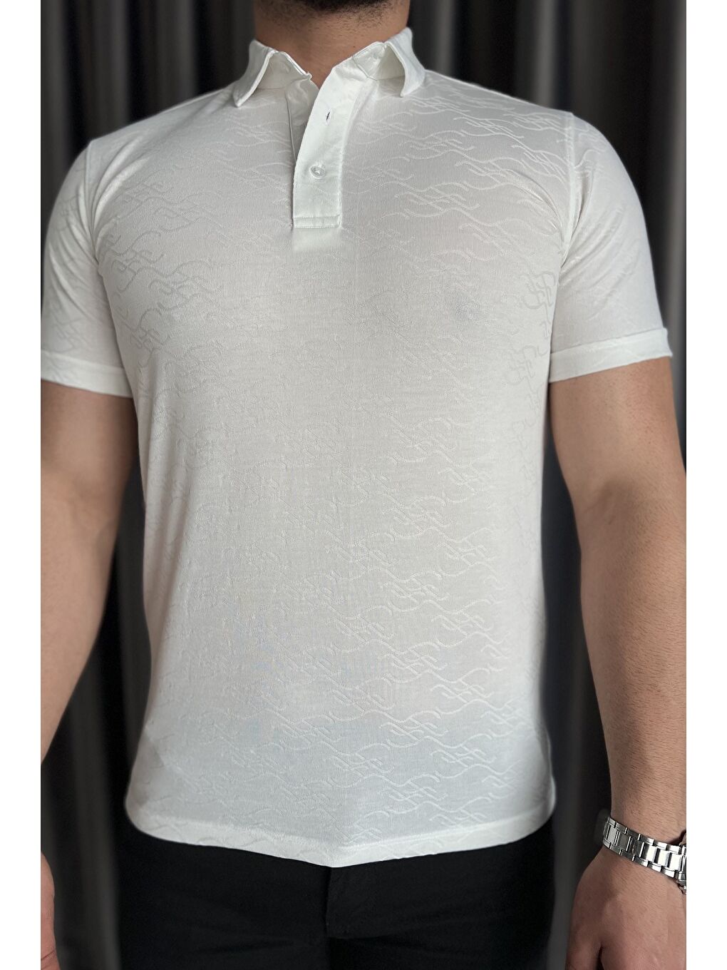 Ekru Polo Yaka Yarım Düğmeli Erkek Tişört-3
