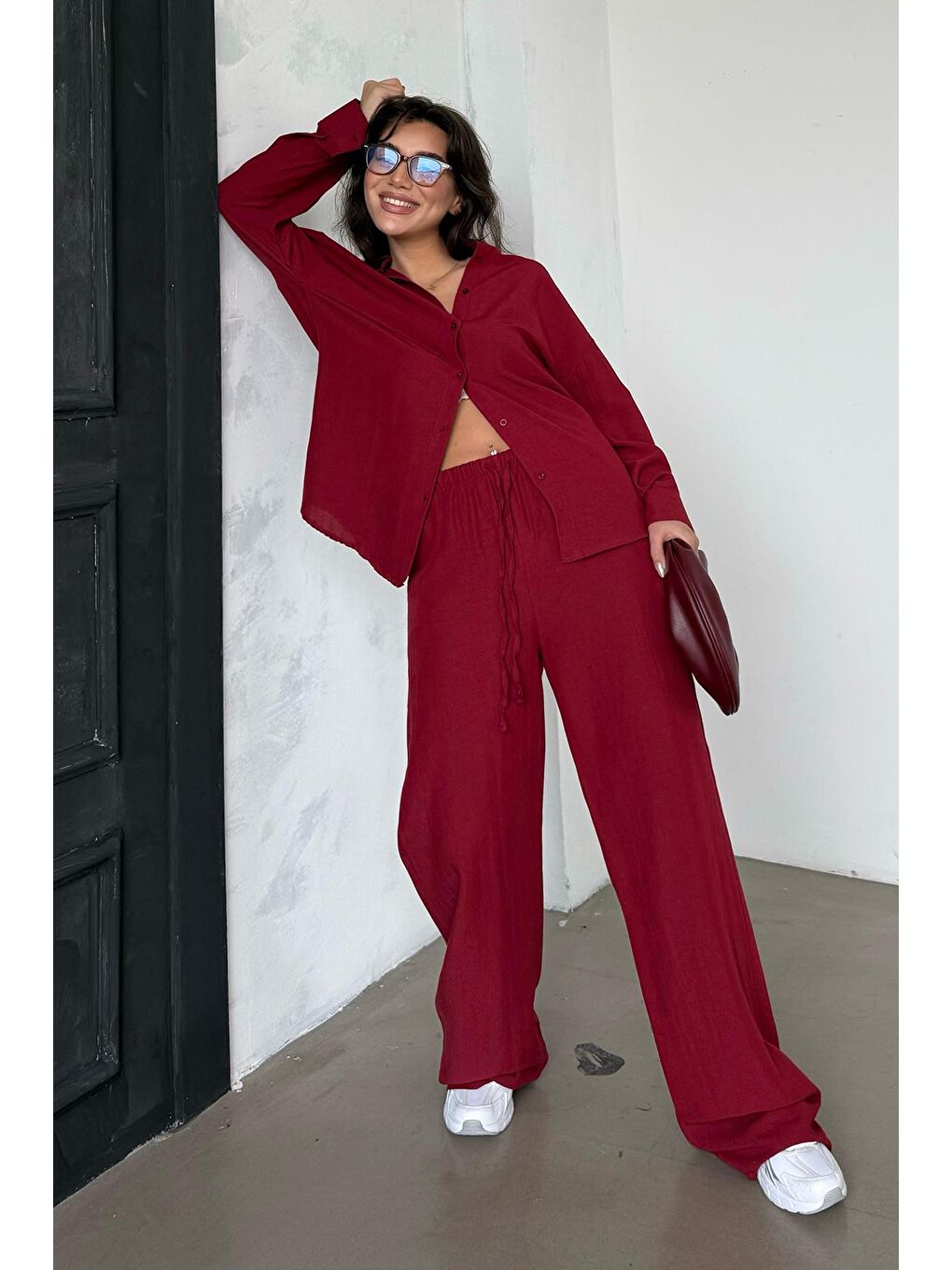 Kırmızı Keten Kadın Gömlek Pantolon İkili Takım Mg2356-2