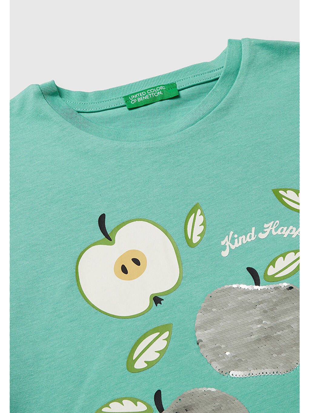Yeşil Kız Çocuk Mint Simli Grafik Baskılı Yuvarlak Yaka Oversize T-Shirt-2