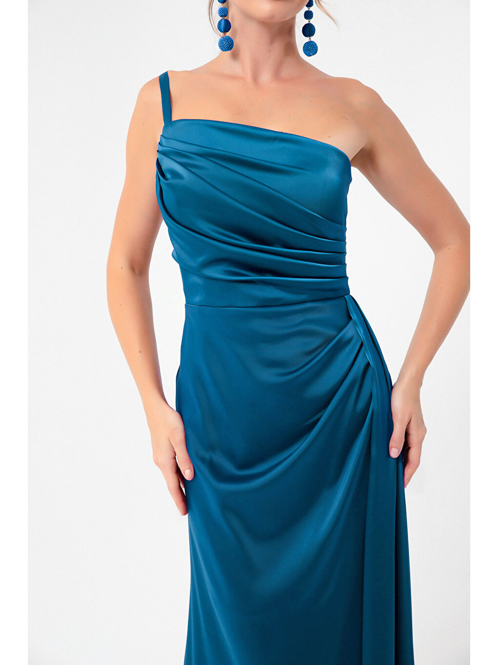 Kadın Petrol Tek Omuzlu Saten Abiye & Mezuniyet Elbisesi-3