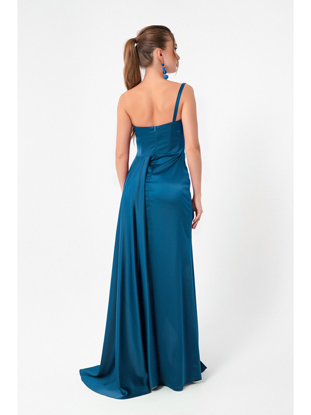 Kadın Petrol Tek Omuzlu Saten Abiye & Mezuniyet Elbisesi-4