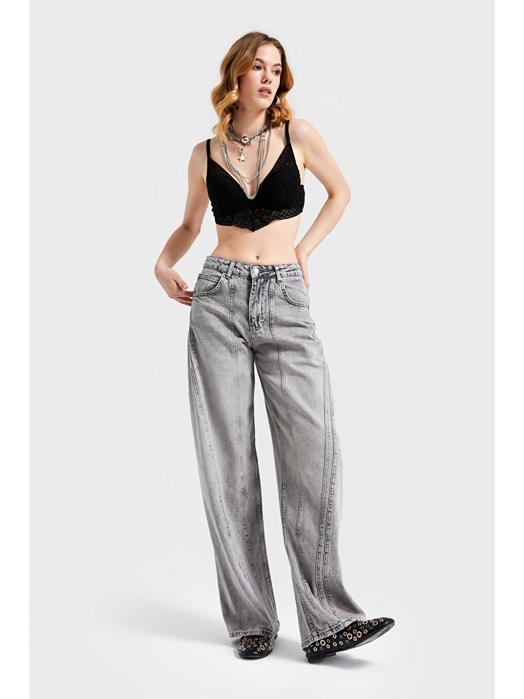 Kadın Gri Renk 4S5-92 Şerit Detaylı Straight Fit %100 Pamuk Denim-4