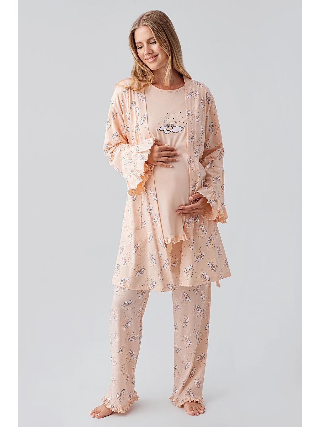 Pembe Uzun Kollu Desenli Esnek Pamuklu Hamile Sabahlık Pijama Takım 18300