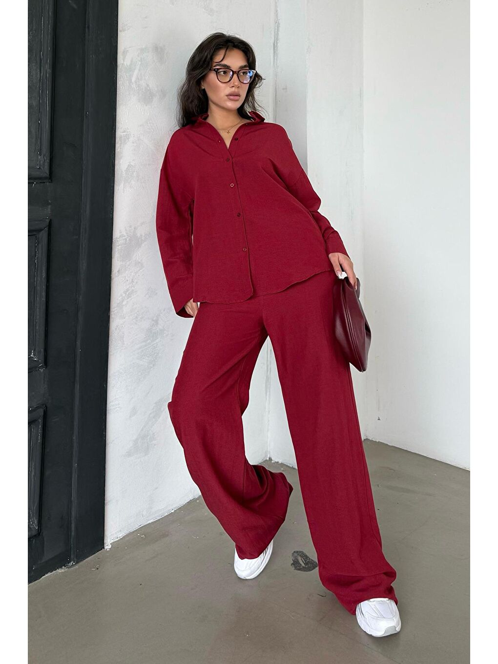Kırmızı Keten Kadın Gömlek Pantolon İkili Takım Mg2356-3