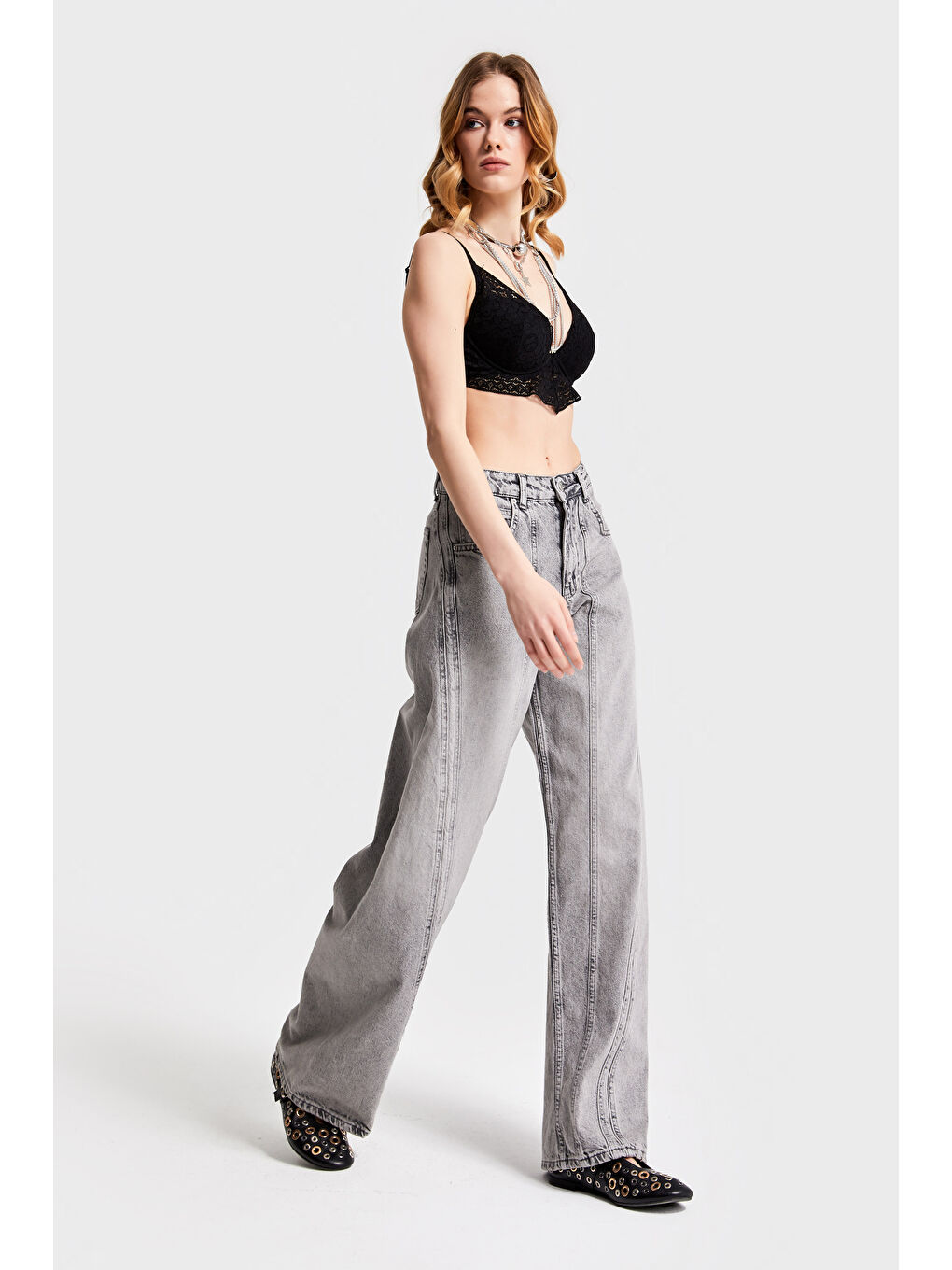 Kadın Gri Renk 4S5-92 Şerit Detaylı Straight Fit %100 Pamuk Denim-5