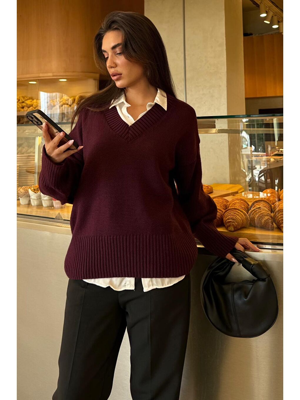 Mürdüm V Yaka Oversize Kadın Triko Kazak Mg2149