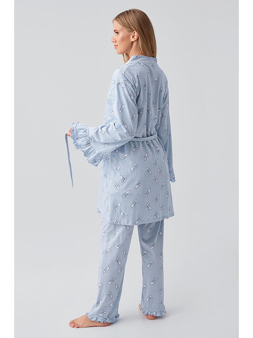 Mavi Uzun Kollu Desenli Esnek Pamuklu Hamile Sabahlık Pijama Takım 18300-2