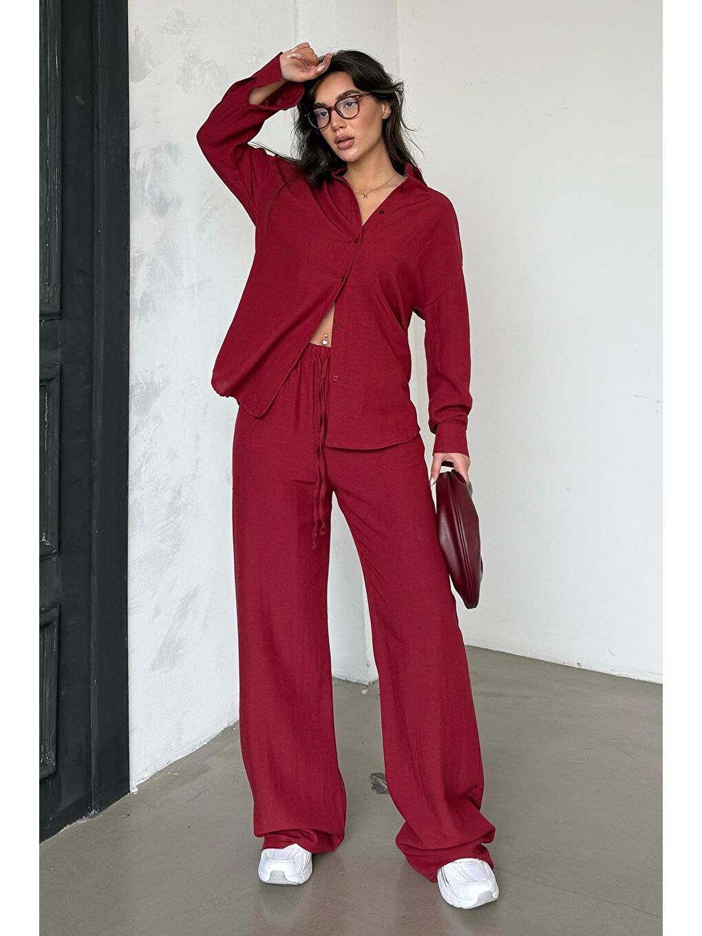 Kırmızı Keten Kadın Gömlek Pantolon İkili Takım Mg2356-4