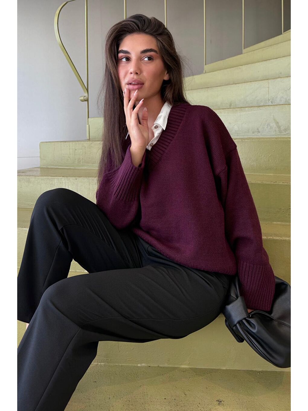 Mürdüm V Yaka Oversize Kadın Triko Kazak Mg2149-1