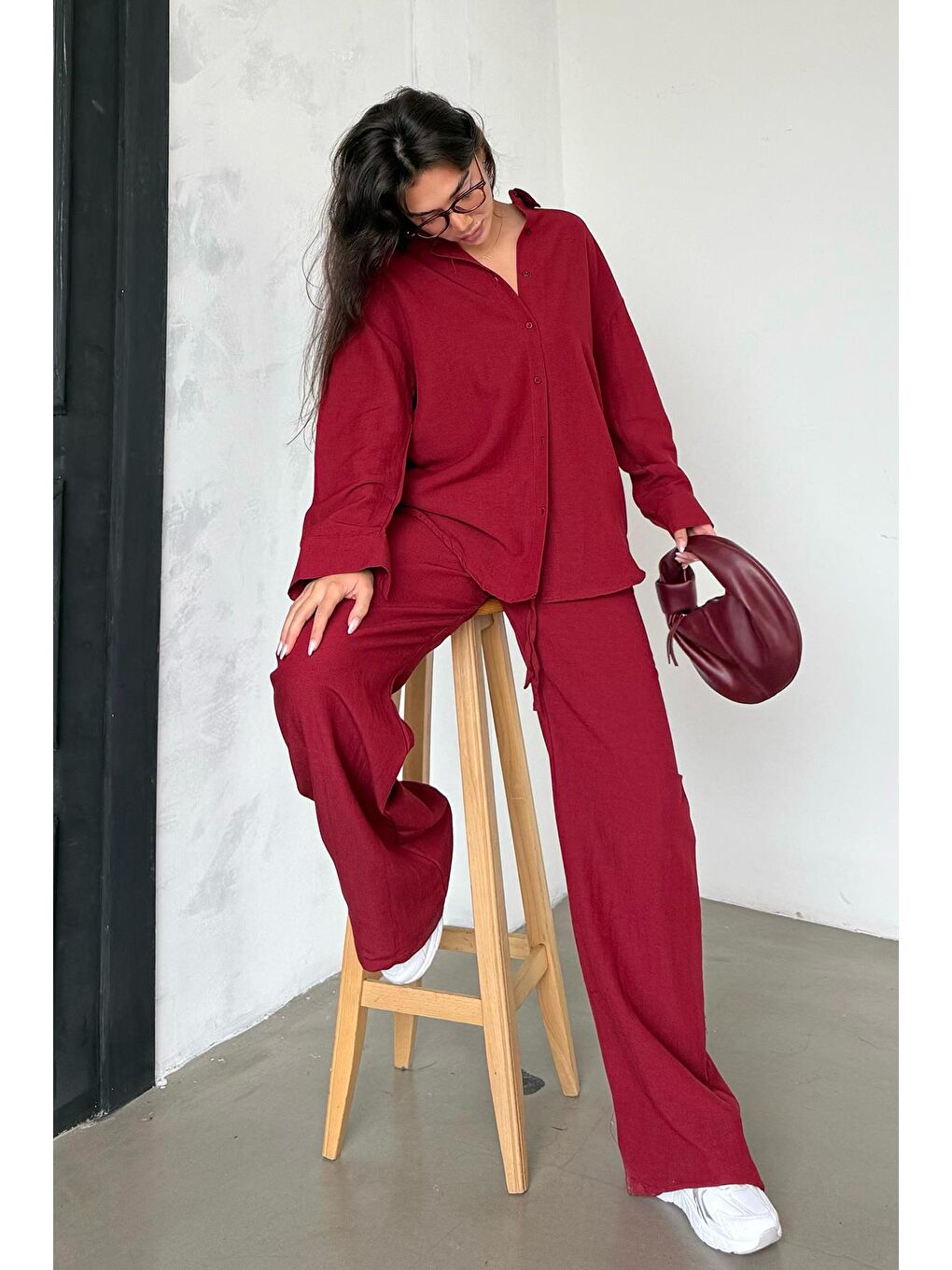 Kırmızı Keten Kadın Gömlek Pantolon İkili Takım Mg2356-5