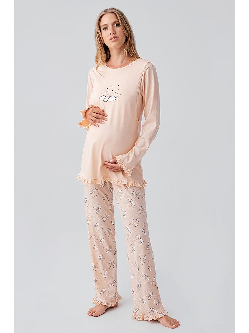 Pembe Uzun Kollu Desenli Esnek Pamuklu Hamile Sabahlık Pijama Takım 18300-1