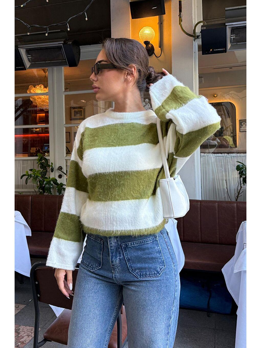 Yağ Yeşili Bisiklet Yaka Çizgili Triko Kadın Kazak Mg2472-1