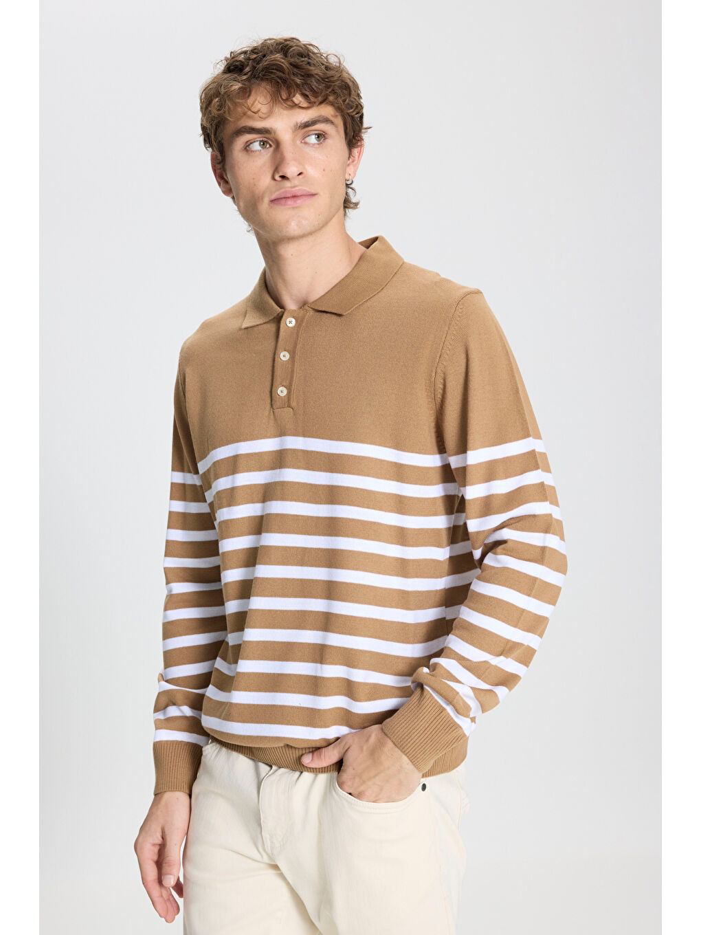 Bej Erkek VIZON-EKRU Standart Fit Normal Kesim Polo Yaka Çizgili Triko Kazak-2