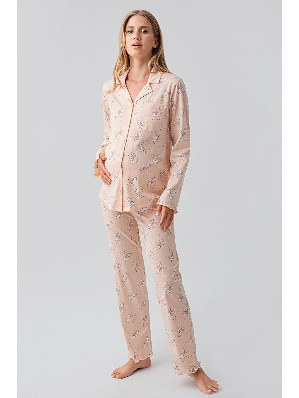 Pembe Uzun Kollu Desenli Düğmeli Esnek Pamuklu Hamile Pijama Takım 18200