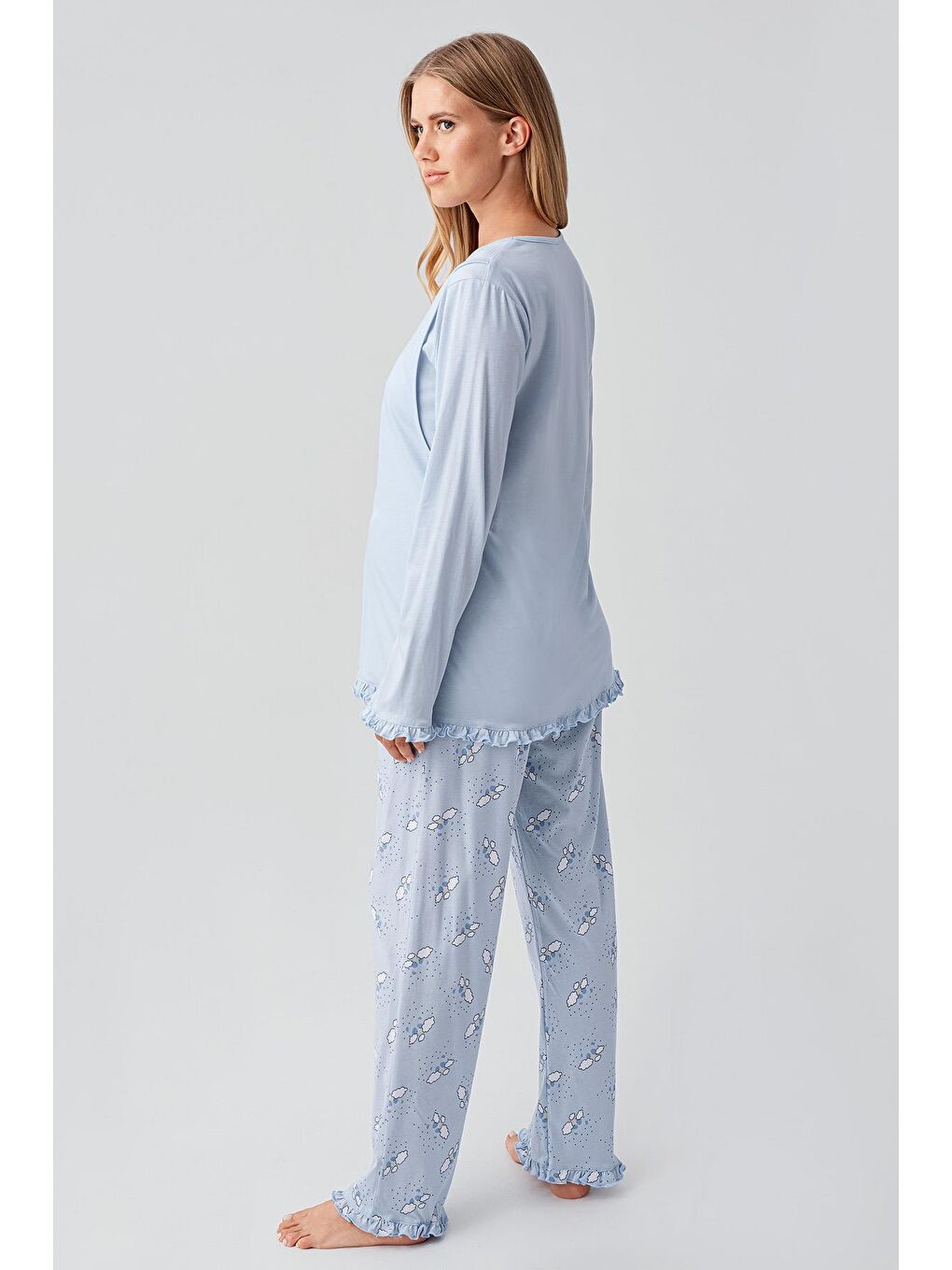 Mavi Uzun Kollu Desenli Esnek Pamuklu Hamile Sabahlık Pijama Takım 18300-3