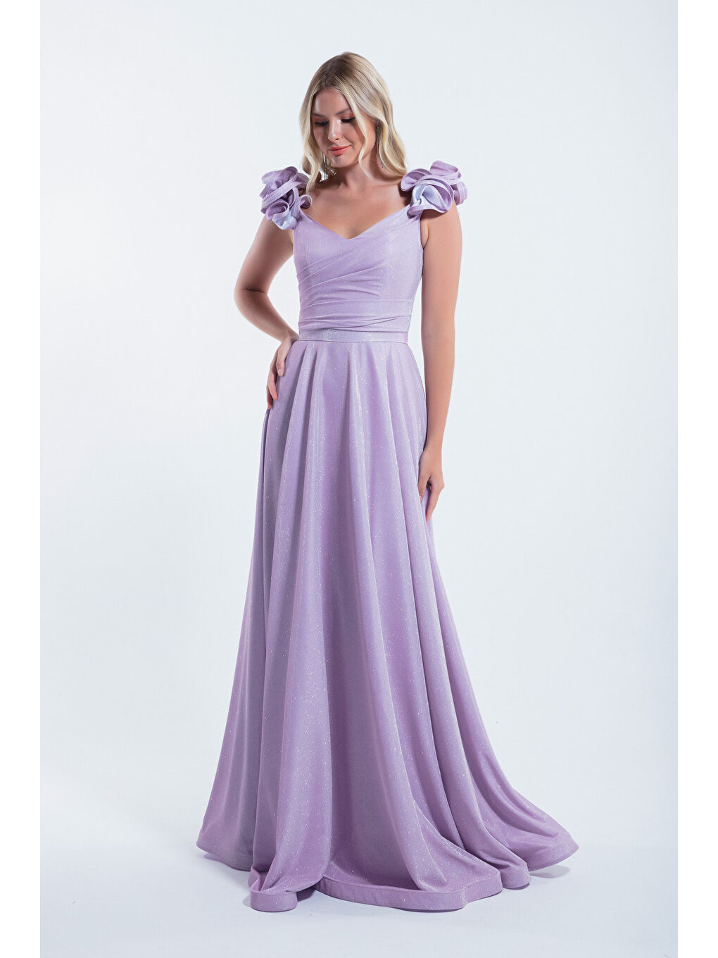 Pembe Kadın Pudra Kolları Fırfırlı Simli Uzun Abiye Elbise