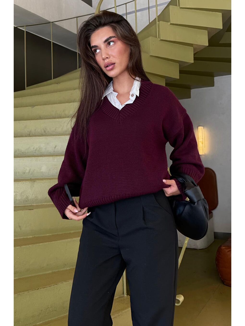 Mürdüm V Yaka Oversize Kadın Triko Kazak Mg2149-3