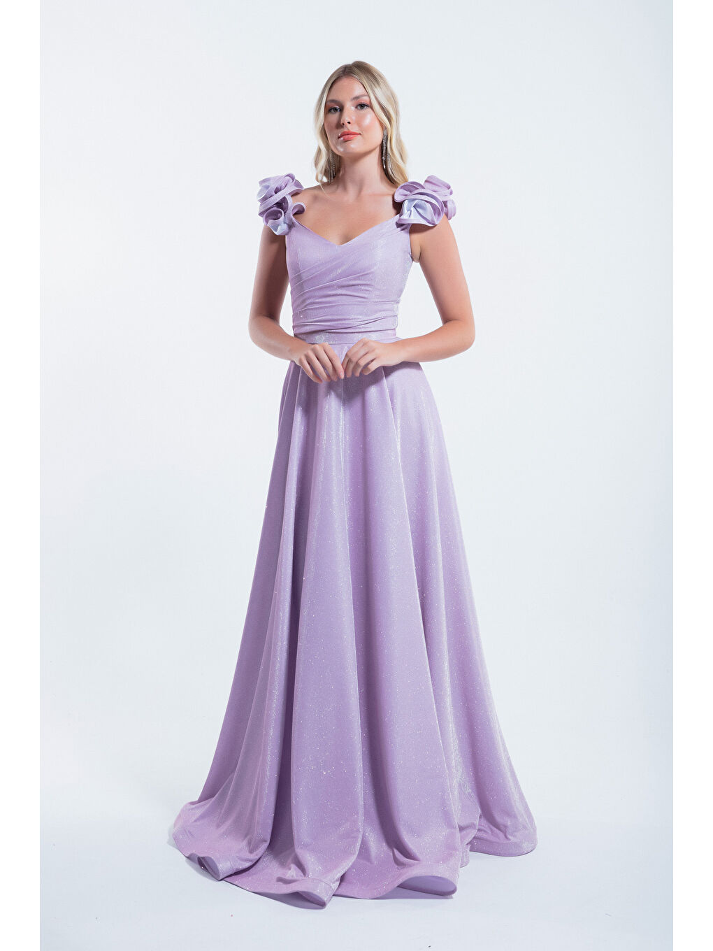 Pembe Kadın Pudra Kolları Fırfırlı Simli Uzun Abiye Elbise-2