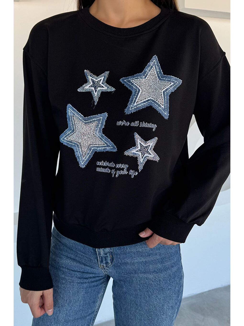 Siyah Kadın Bisiklet Yaka Baskılı Taş İşlemeli Sweatshirt-2