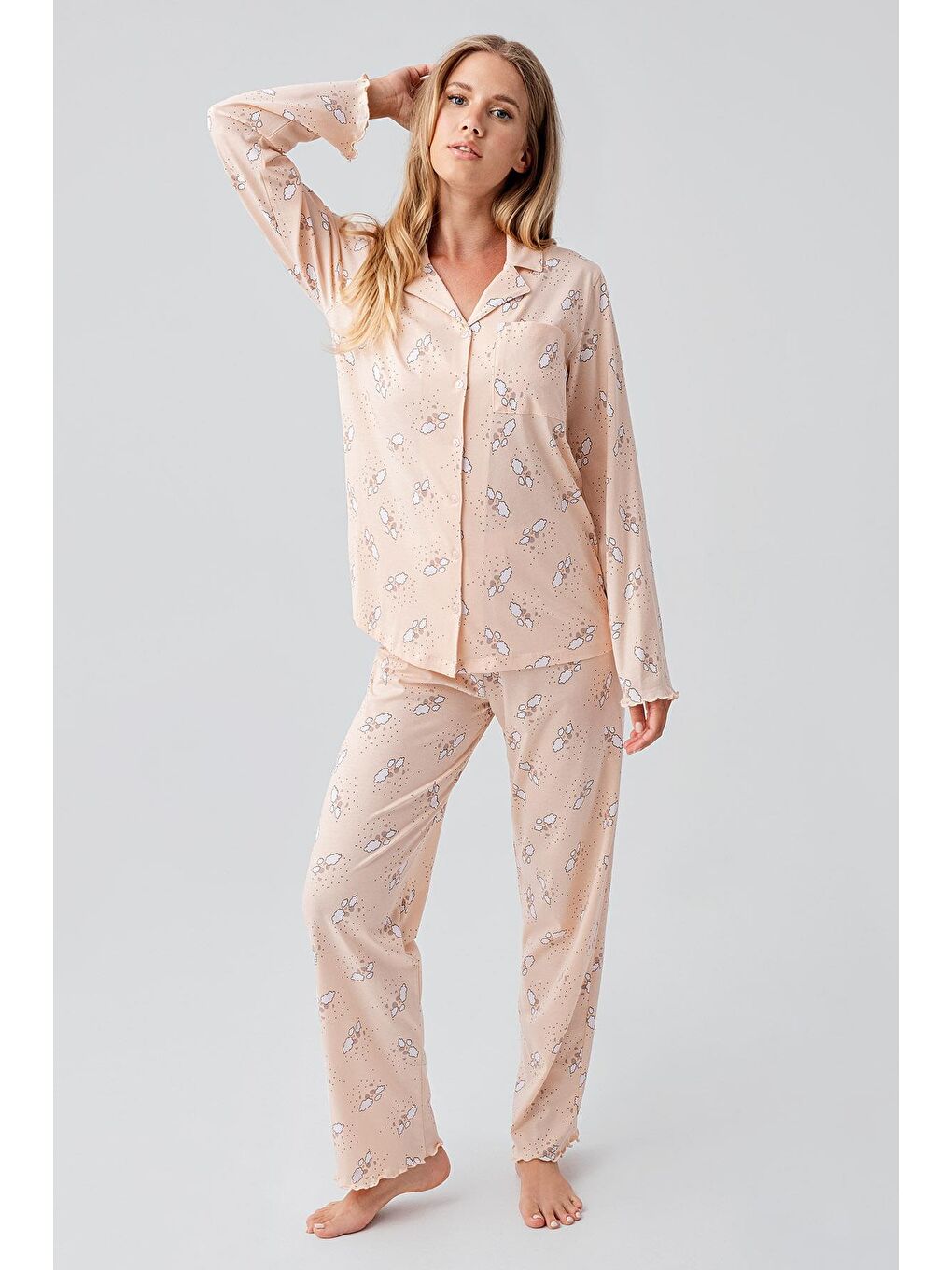 Pembe Uzun Kollu Desenli Düğmeli Esnek Pamuklu Hamile Pijama Takım 18200-1