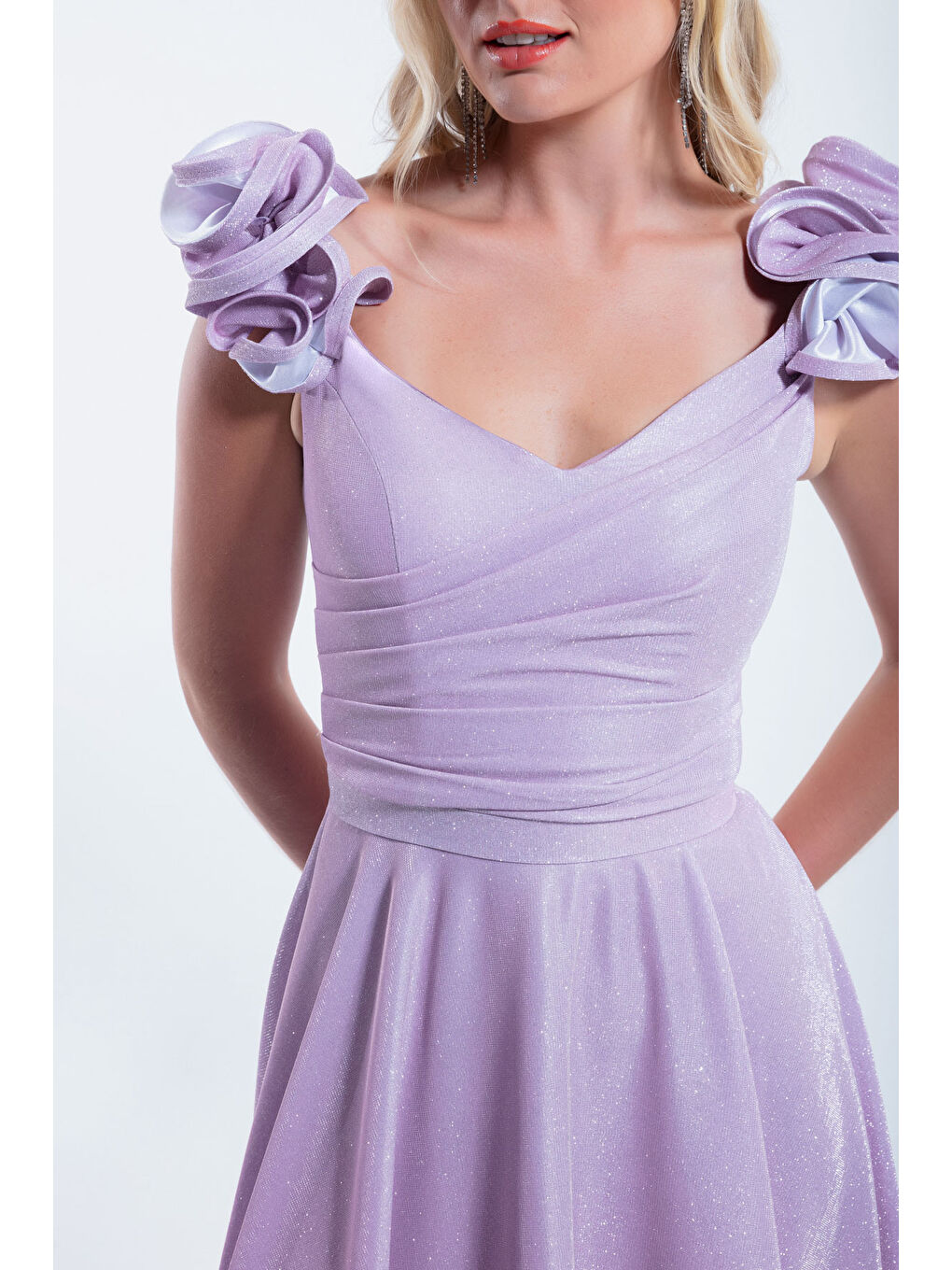 Pembe Kadın Pudra Kolları Fırfırlı Simli Uzun Abiye Elbise-3