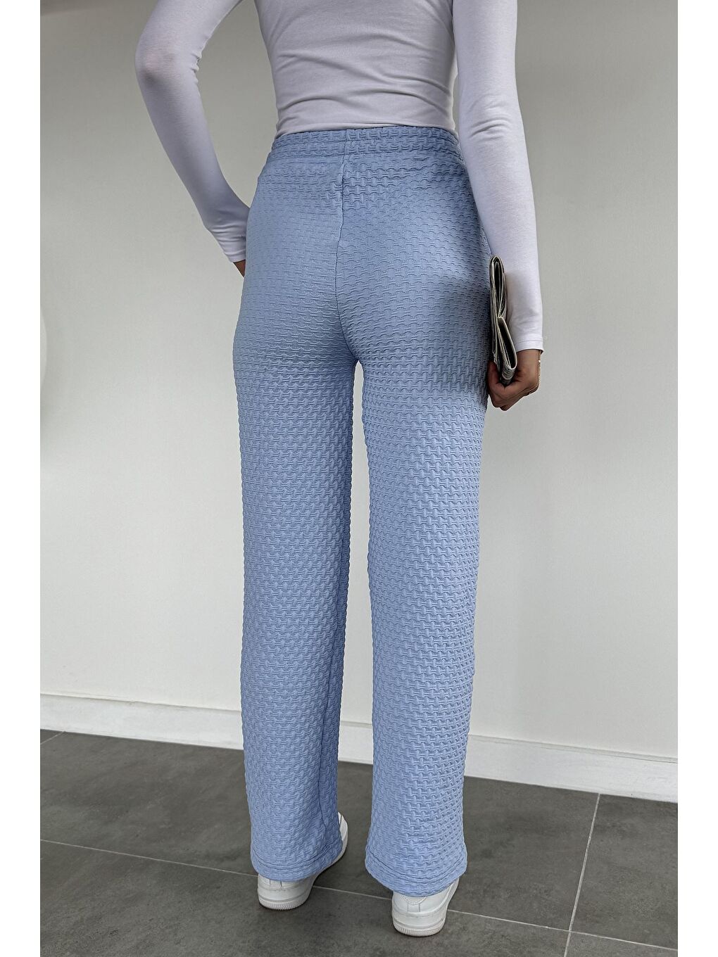 Mavi Kadın Bel Lastikli Yüksek Bel Kendinden Desenli Pantolon-3
