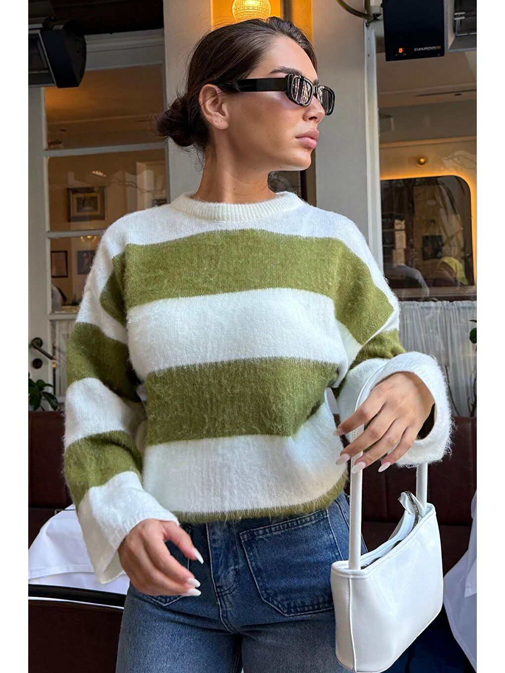 Yağ Yeşili Bisiklet Yaka Çizgili Triko Kadın Kazak Mg2472-2